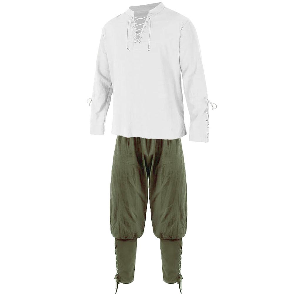 Renaissance-Sets für Herren, Piratenhemden und -hosen, Herrenkostüm, Baumwolle, Leinen, V-Ausschnitt, Kordelzug, Partykleid, zweiteilig