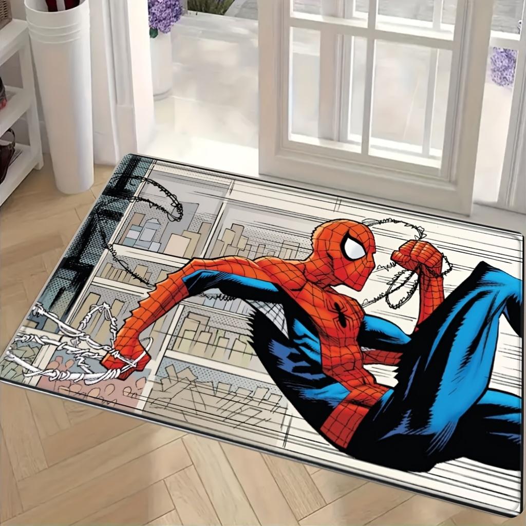 Authorized 1pc Cartoon Printed Rug, Spider- City Web Dynamic Pose Red Blue Battle Suit Classic Design Easy to Clean, Suitable