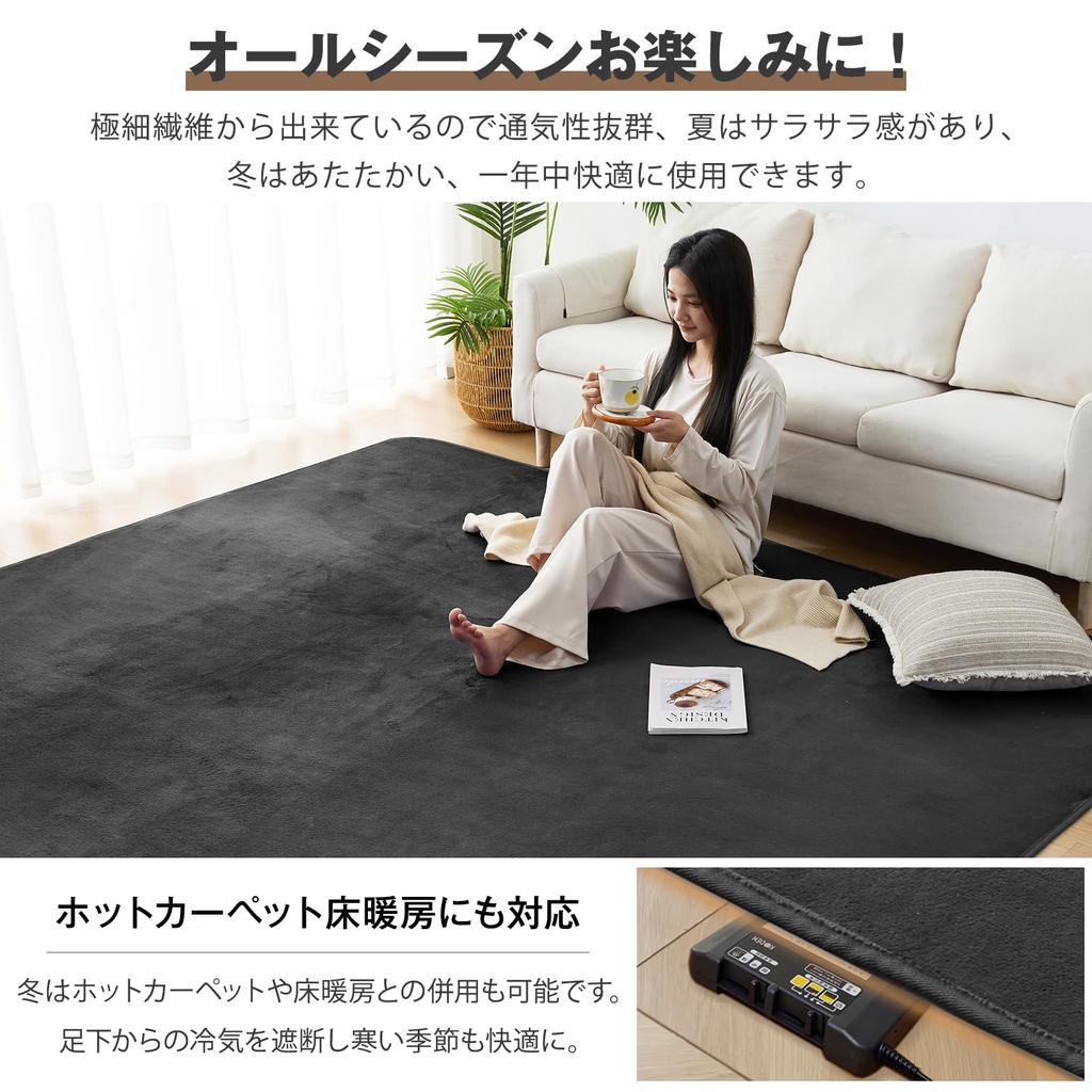 fuwawa Washable 3 Tatami Mat Size Comfortable for All Flannel Odor Compatible with Heated Solid Black Rug, Carpet, Non-Slip, Rug, (200x250cm),