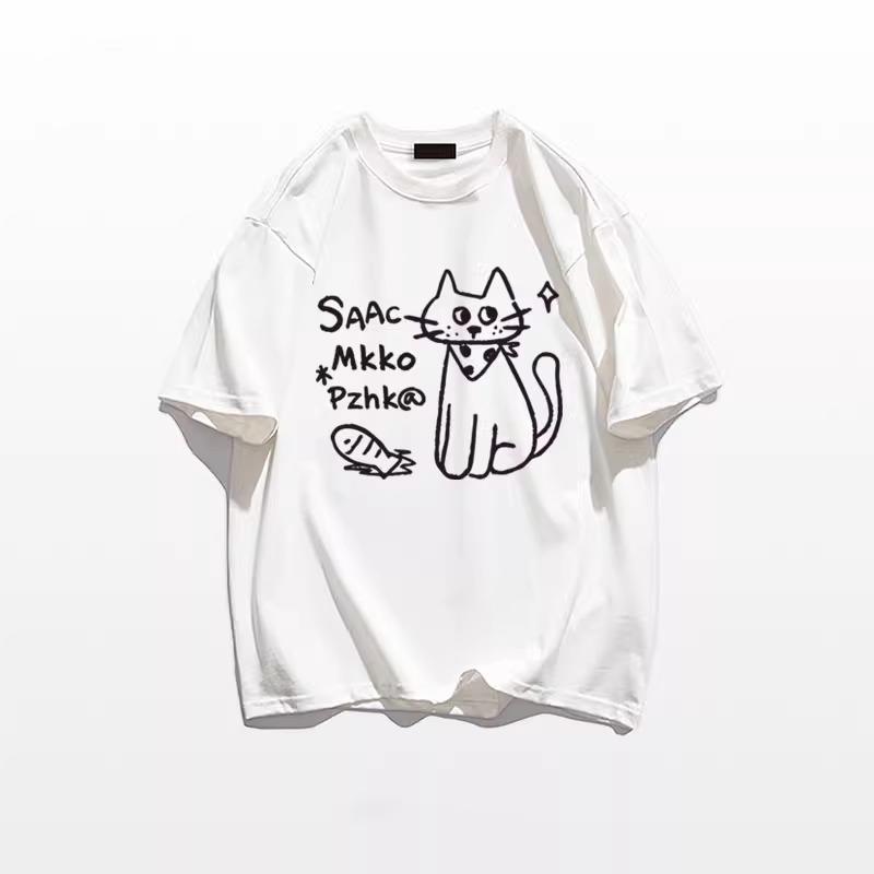 Summer Women Funny Cartoon Print T-Shirt Harajuku Round Neck Loose Casual Y2K Tops Pure Cotton Graphic T Shirts Gray Streetwear