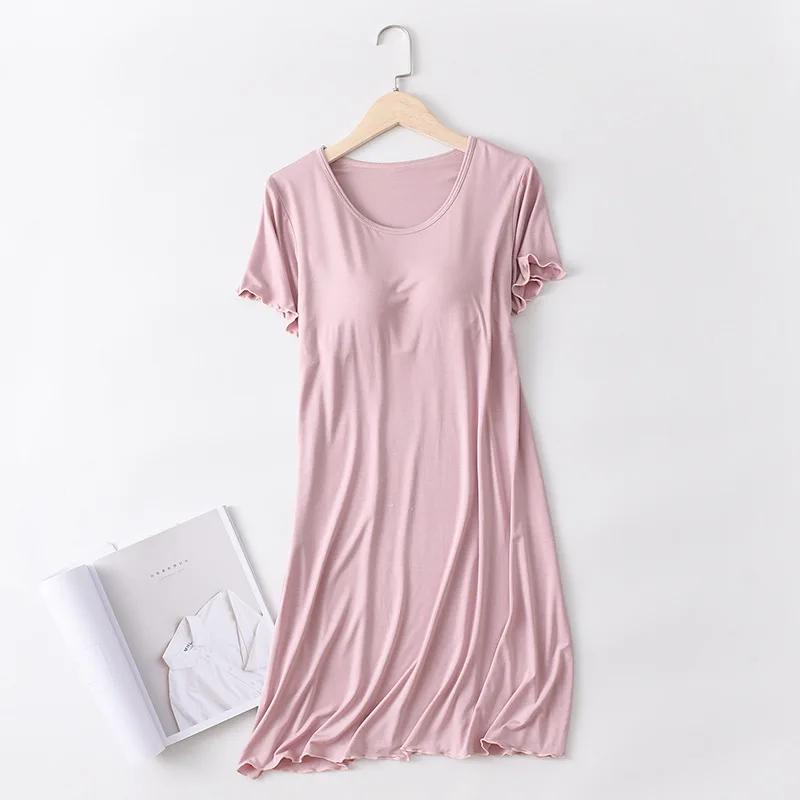 Modal Night Gown with Chest Pad Short-length Sleeve Nightdress Pajamas Bra-free Thin Large Size Ruffle Sleeping Dress for Women Summertime