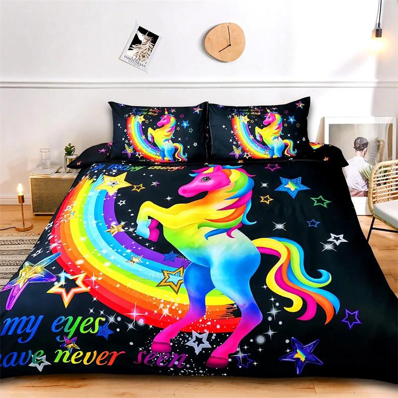 

Cute Unicorn Printed Full Size Comforter Set White Five Stars Flowers Cartoon Duvet Cover Kids Single Bedding 70x133cm 2pcs