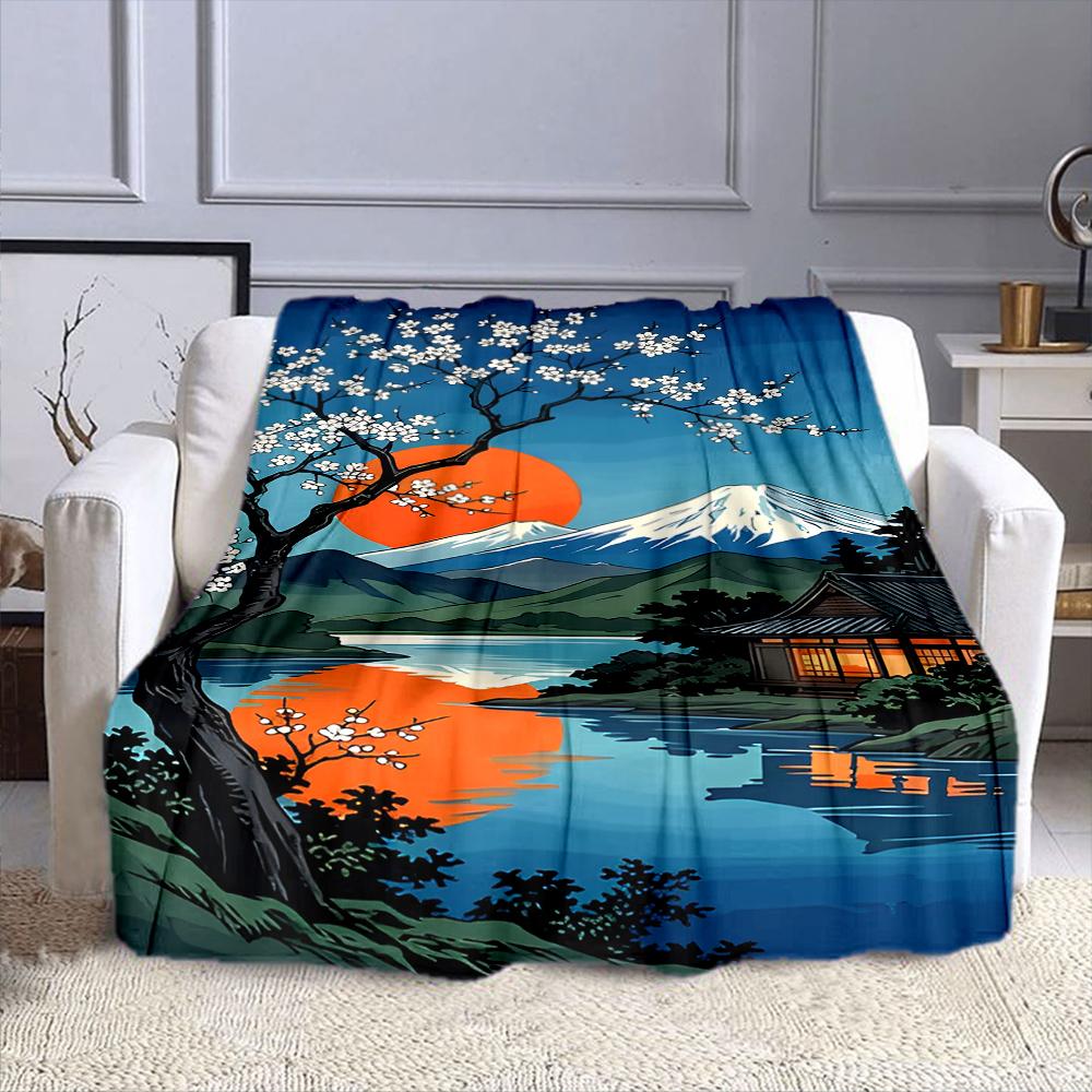 Cherry Blossom Sunset Near Mount Fuji Patterned Flannel Blanket Perfect for the Bedroom Living Room, Sofa, or a Little Nap