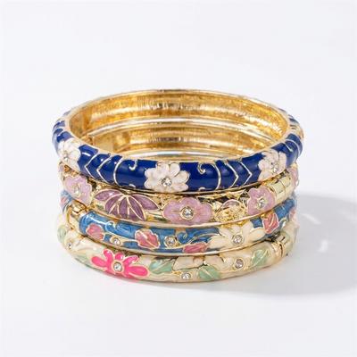 Boho Vintage Cloisonne Enamel Bracelet For Women Colorful Drip Oil Flower Bangle Oriental Ethnic Hand Jewelry Daily Party Gifts