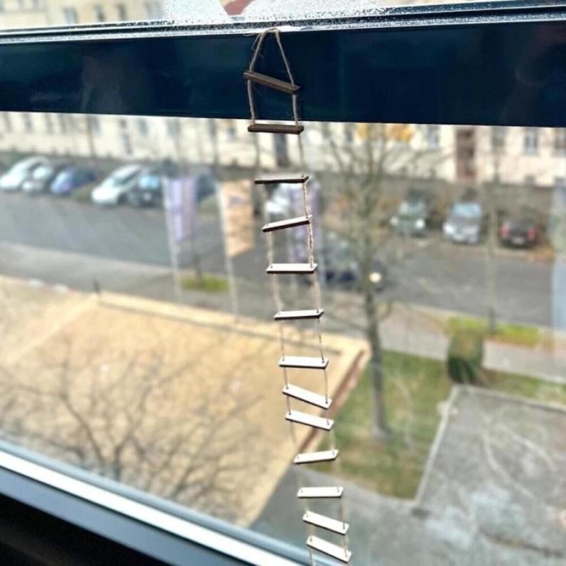 Dřevěný lanový žebřík Závěsný na stěnu Dřevěný žebřík z větví s nástěnným lanovým závěsným ornamentem pro domácí dekoraci DIY řemesla