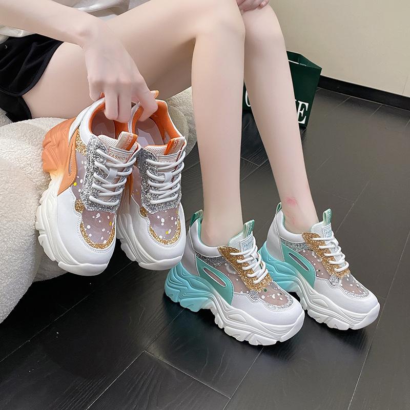 Mesh summer sports style casual single shoes women's thick-soled round head lace-up fashion dad shoes