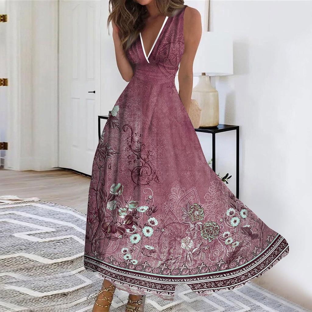 Women's Summer Fashion Retro Floral Print V-Neck Sleeveless Waistless Casual Dresses