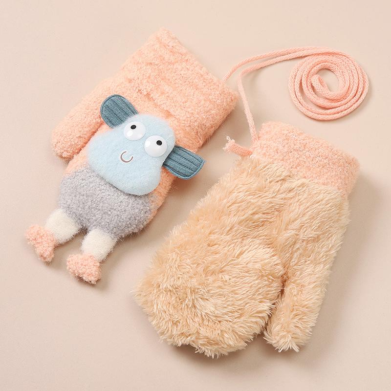 Winter Plus Velvet Children's Gloves Kindergarten Baby Warm and Cold Proof Gloves Cute Finger Rope Knitted Cotton Gloves