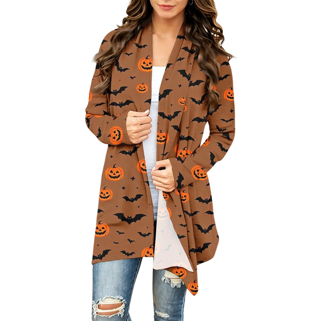 Women's Long Sleeve Cardigan with Halloween Print for Casual Everyday Wear