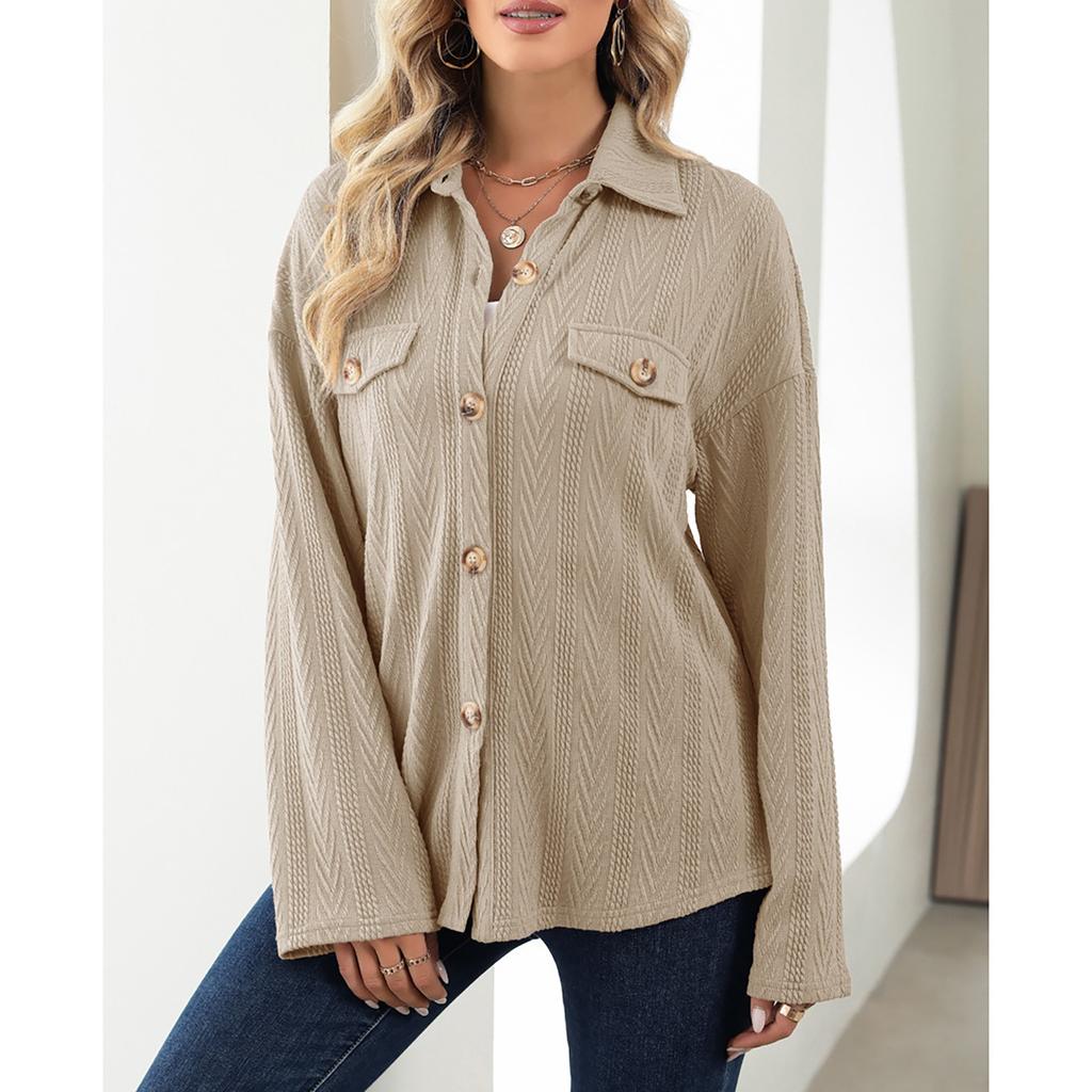 Women's Casual Fashion Solid Color Shirt Lapel Single Breasting Loose Coat