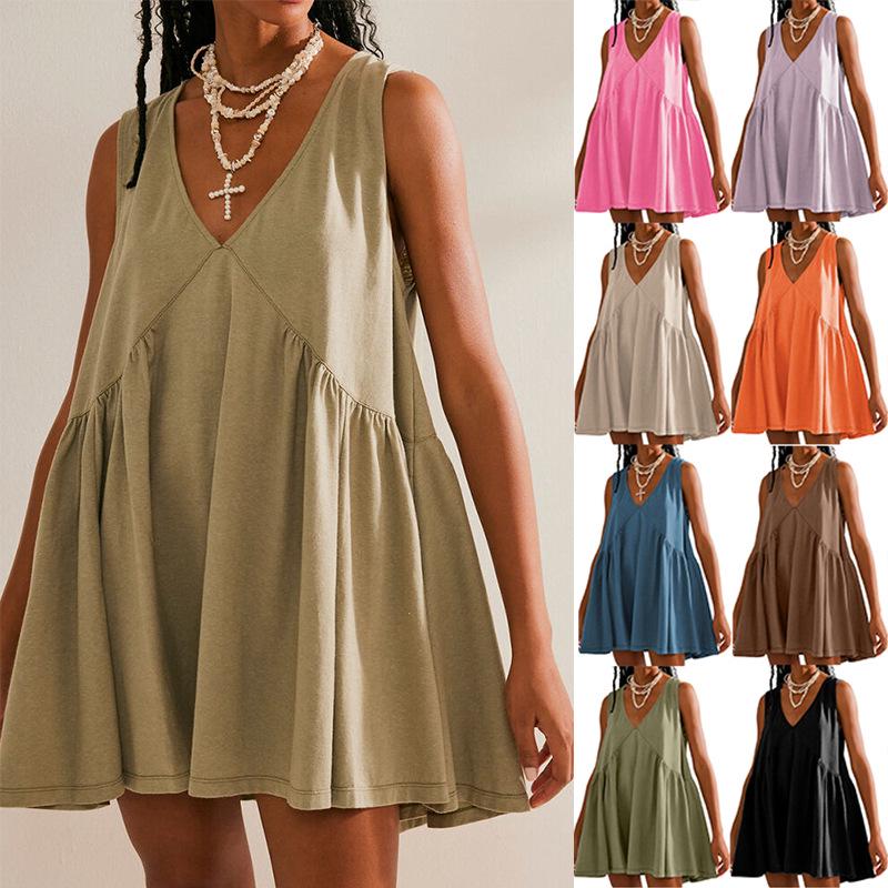 2024 Women's Casual Pleated Vest Dress with Pockets