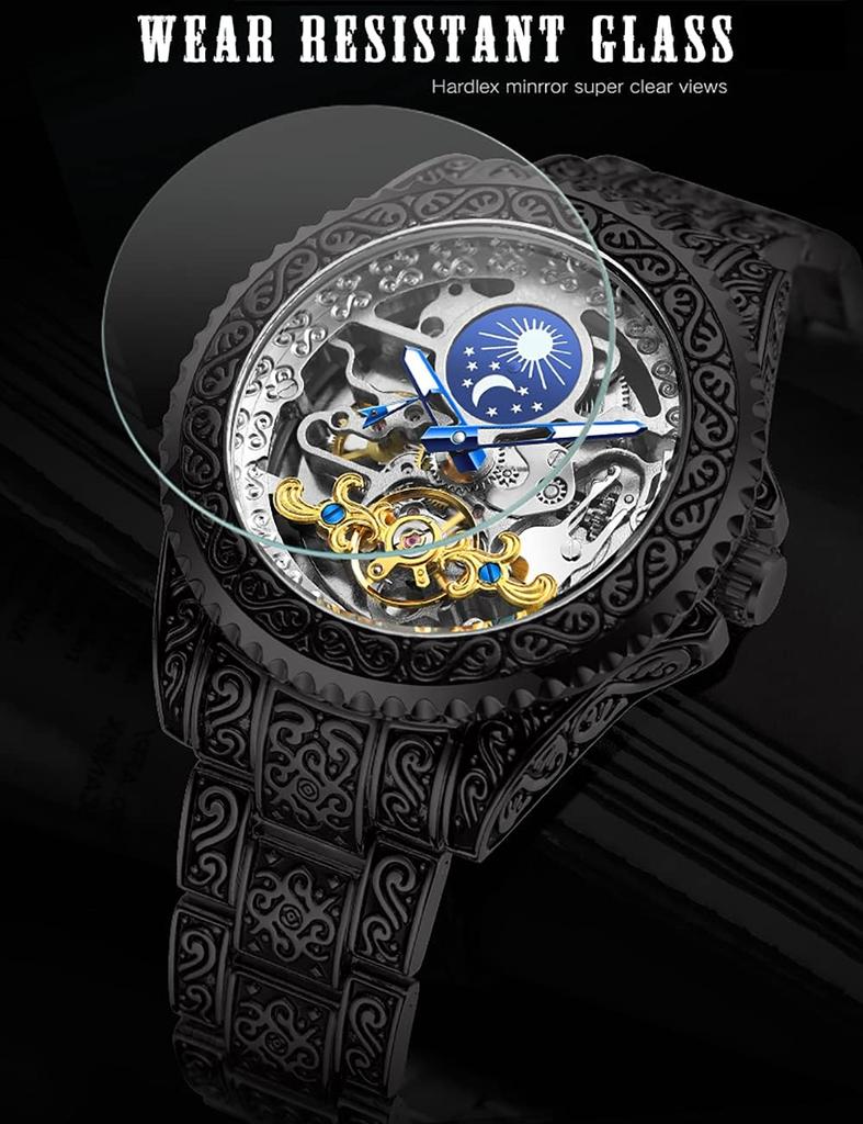 FORSINING Men's Retro Watch, Engraved Automatic Mechanical Tattoo Tourbillon Moon Phase Independent Seconds Hand Skeleton Automatic Large Dial Watch,
