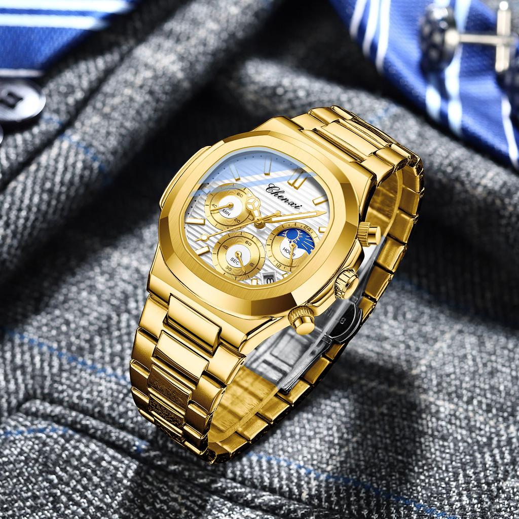 2025 Luxury Watch Men Business Fashion Waterproof Stainless Steel Chronograph Moon Phase Quartz Wristwatch Male Clock