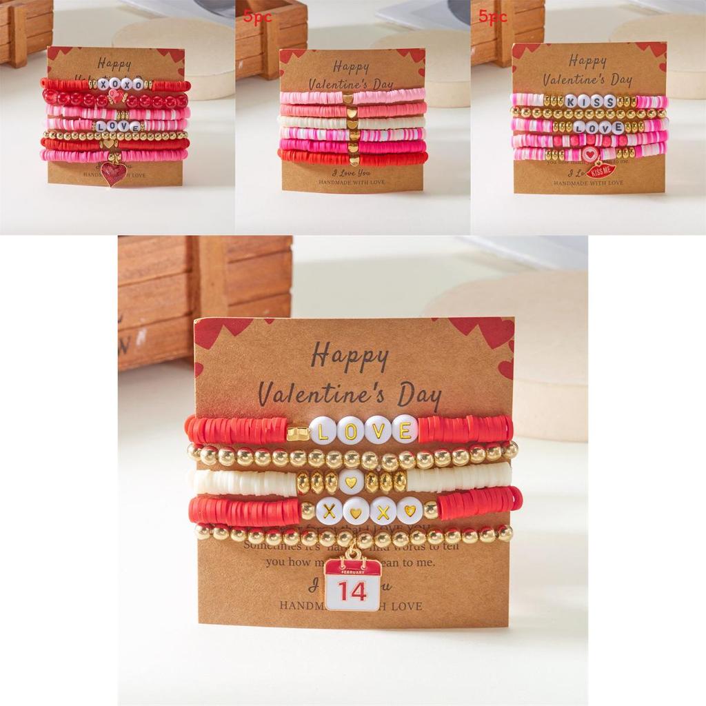 Love Heart Soft Clay Bracelets Set For Women With Pink Acrylic Letter Beads Hand Jewelry Gift