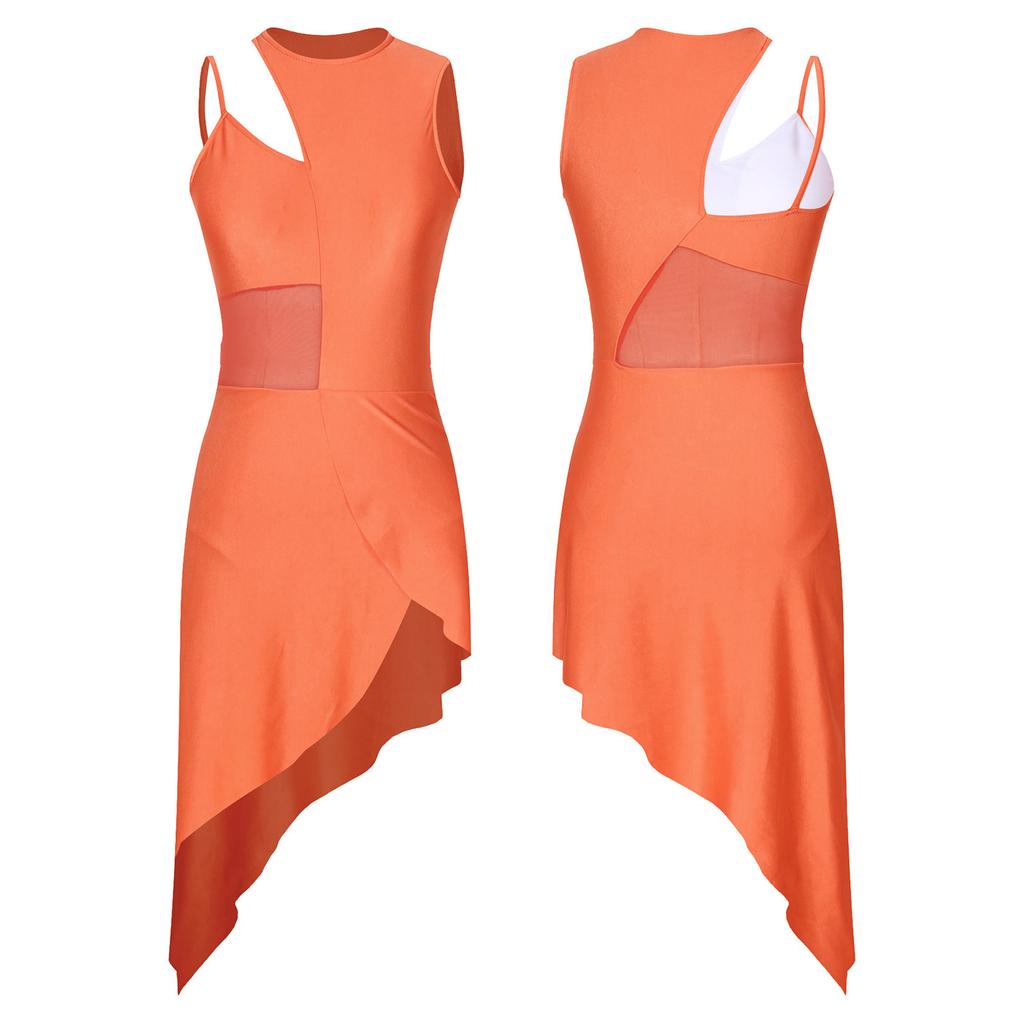 Womens Dance Leotard Dress Sheer Mesh Patchwork Sleeveless Asymmetrical Hem Dress Skating Latin Dancewear