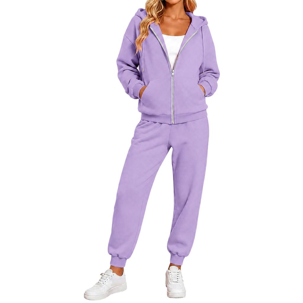 Women's Color Hooded Long Sleeve Track Suit with Pants for Running and Casual Wear