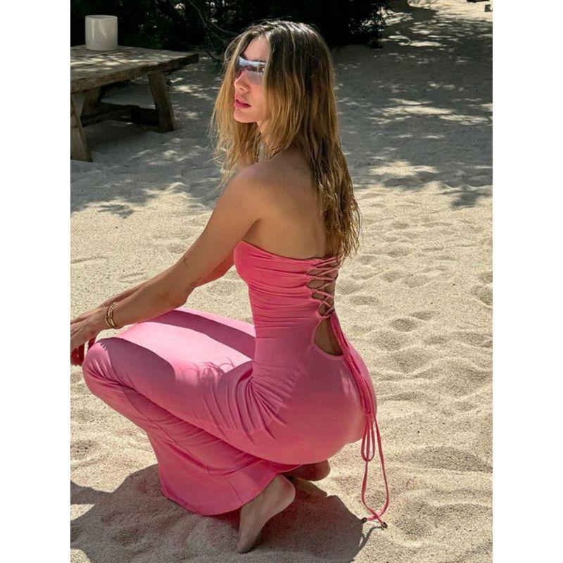 2024 Western Style Sexy off-Neck Tube Top Dress Women Rope Backless Long dress Tie Rope