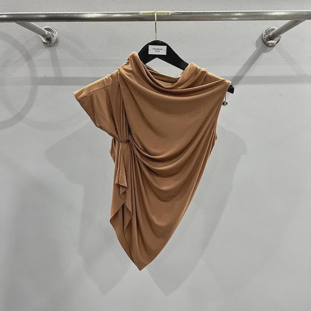 SUBHUMAN Women's European & American Style | Orange Irregular Pleated High Collar One-Shoulder Knit Top