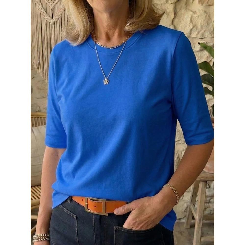 Women Comfort Versatile T-Shirt, Casual Round Neck Shoulder Short Sleeve Top for Inner & Outer Wear