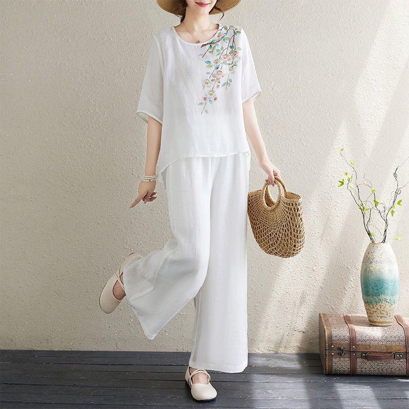 Retro Cotton Linen Print Women's Two-Piece Set: Summer Pullover & Lightweight Wide-Leg Pants with Slimming Top, Short Sleeve