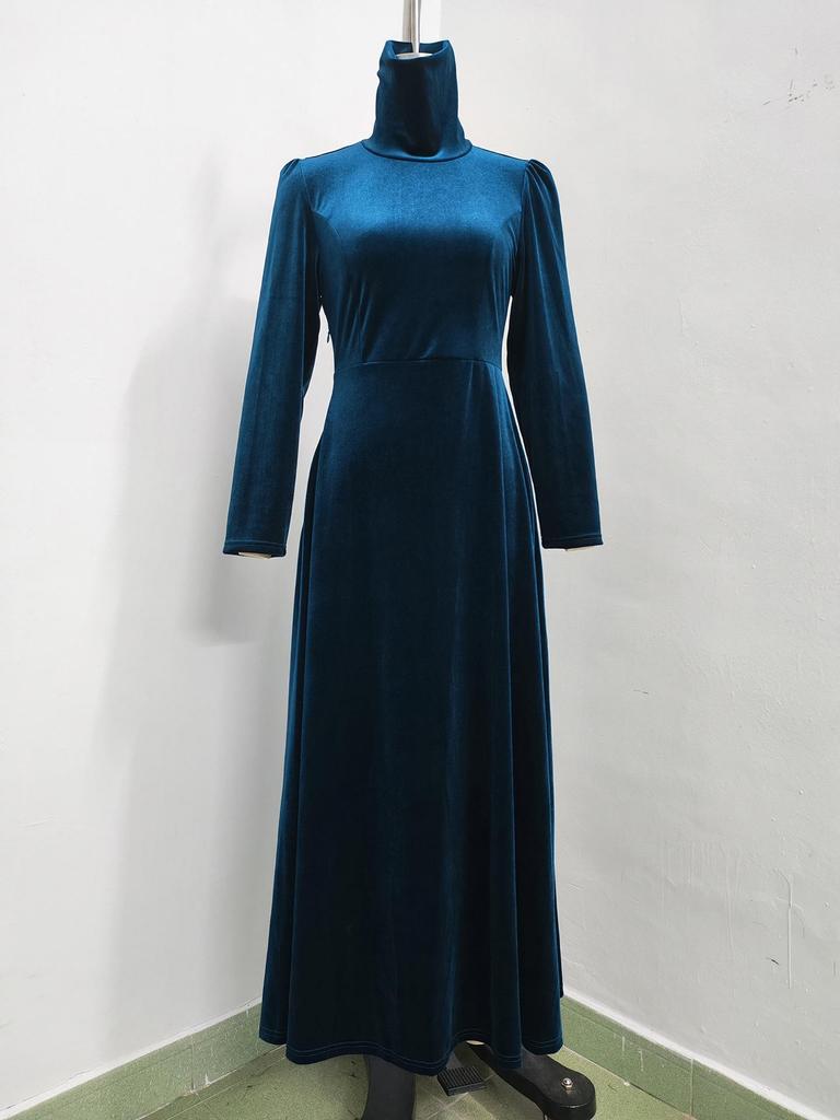 Elegant Gold Velvet High Collar Puff Sleeve Cinched Waist Long Dress for Autumn & Winter
