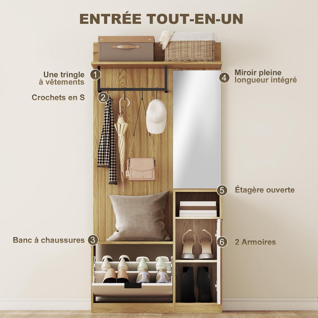 6-in-1 Entryway Coat Rack with Fold-Down Shoe Bench and Mirror, 80x36x168cm, Oak