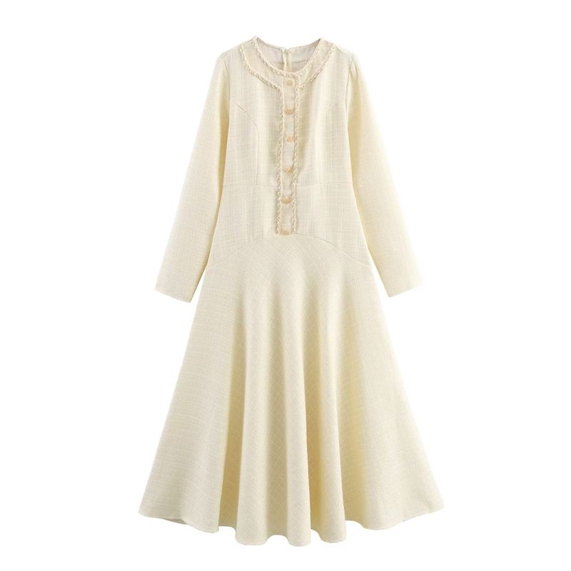 Kaslead New Women Clothes Western Style Fashion Simple Temperament Round Neck Rove Long Sleeve Dress