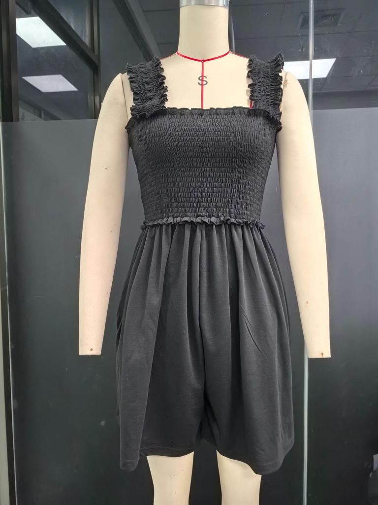 2026 New Lightweight European & American Sleeveless Square Neck Smocked Jumpsuit with Wide-Leg Shorts