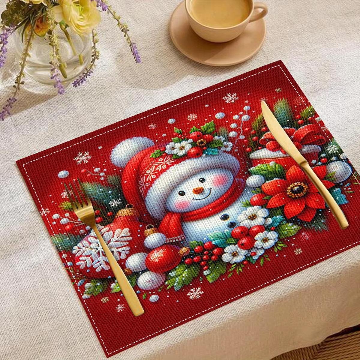 VIKAMA 4PC Christmas Snowman Print Placemats Red Hat Snowman Theme Placemats Festive Table Decorations 4PCS