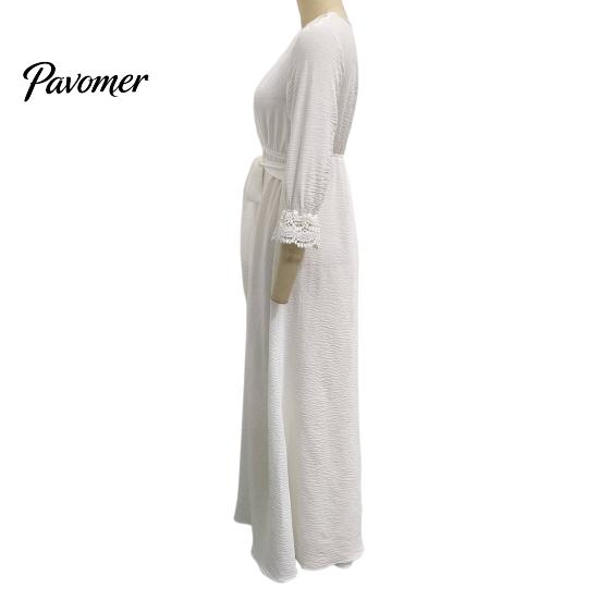 Bohemian Fall Dress Women V-Neck Lace for Fall, 3/4 Sleeves Maxi with Long Sleeve Belt, Solid Color Loose Casual Vacation Daily Wear