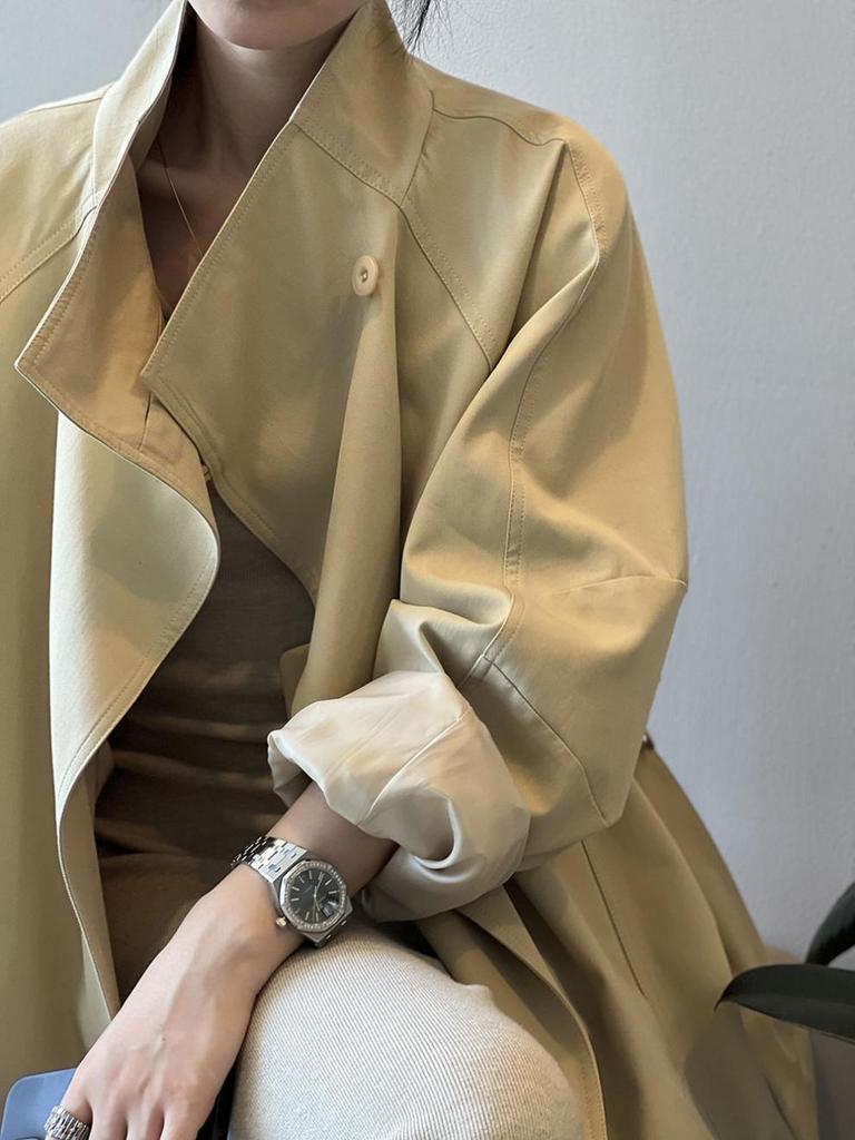 Women's British Style Retro Trench Coat with Stand-Up Collar - Tie Waist, Mid-Length, Petite Fit, Loose Outerwear for Spring & Autumn.