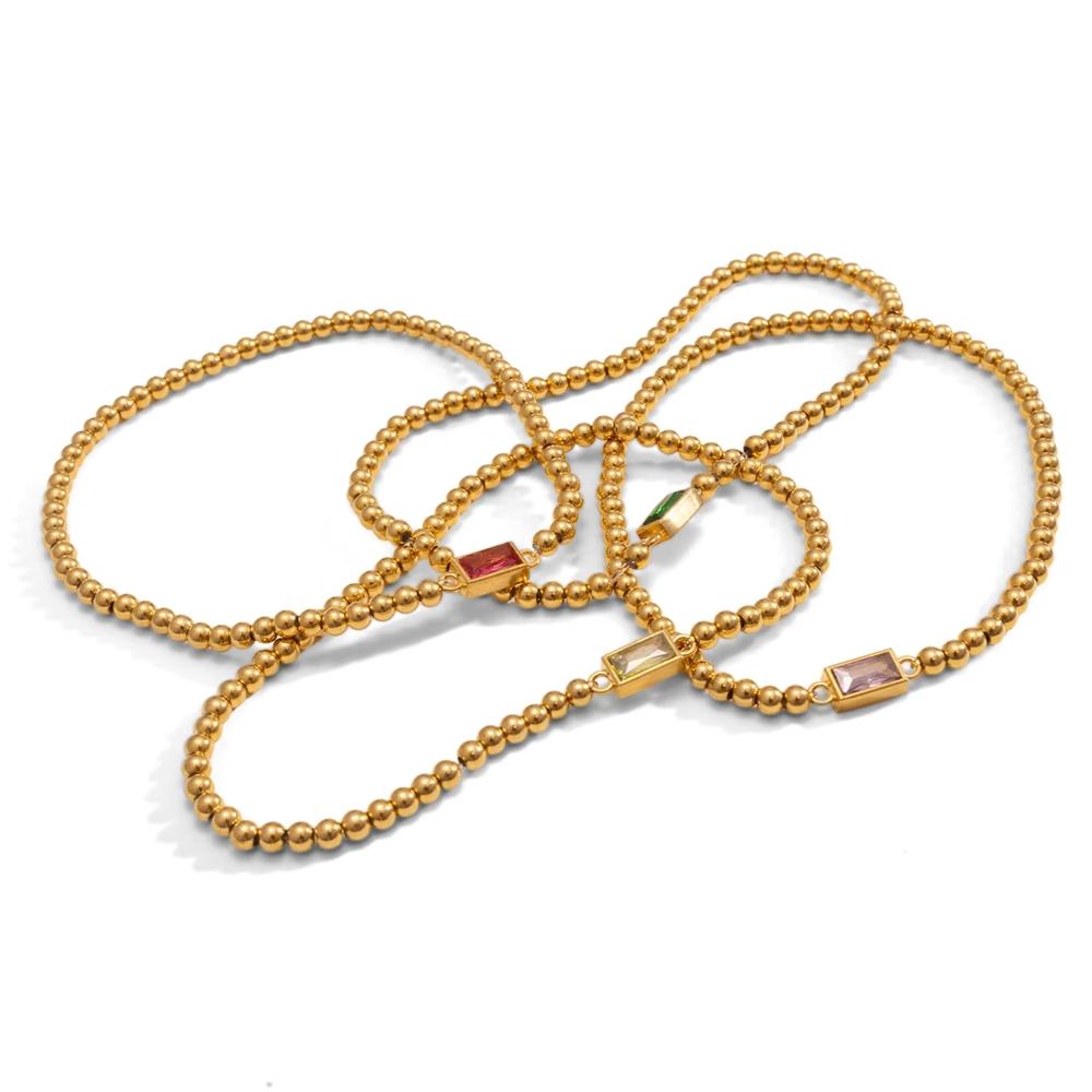 Birthstone Charm Ball Beaded Bracelet 18K Gold Plated Stainless Steel Month Stone Stretch Jewelry