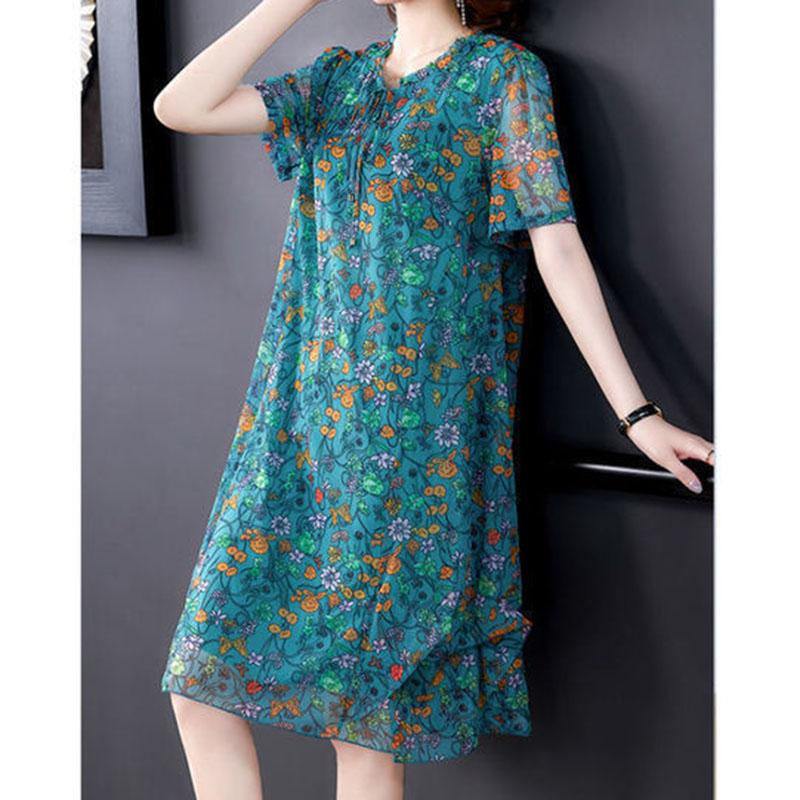 Women's Oversized Dress Printing Round Neck Short Sleeved Loose Mesh Dress Mid Length Simple Commuting Summer