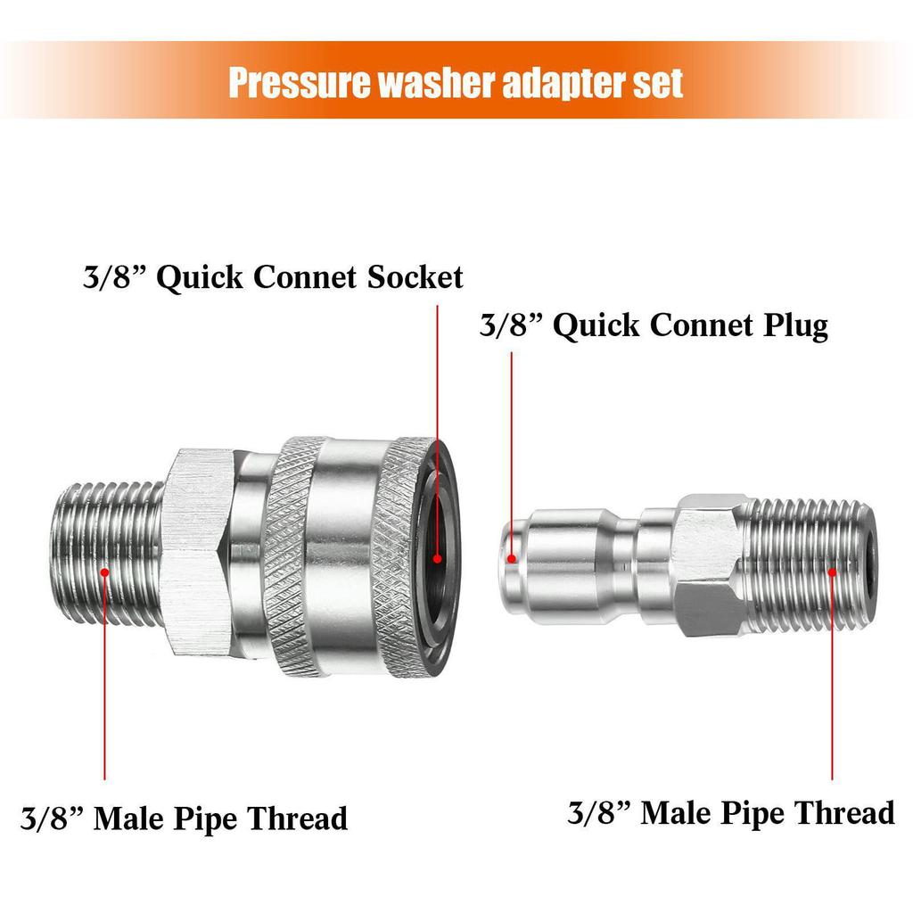 Stainless Steel NPT 3/8 Quick Connect Adapter Set for Pressure Washer and PA Bottle