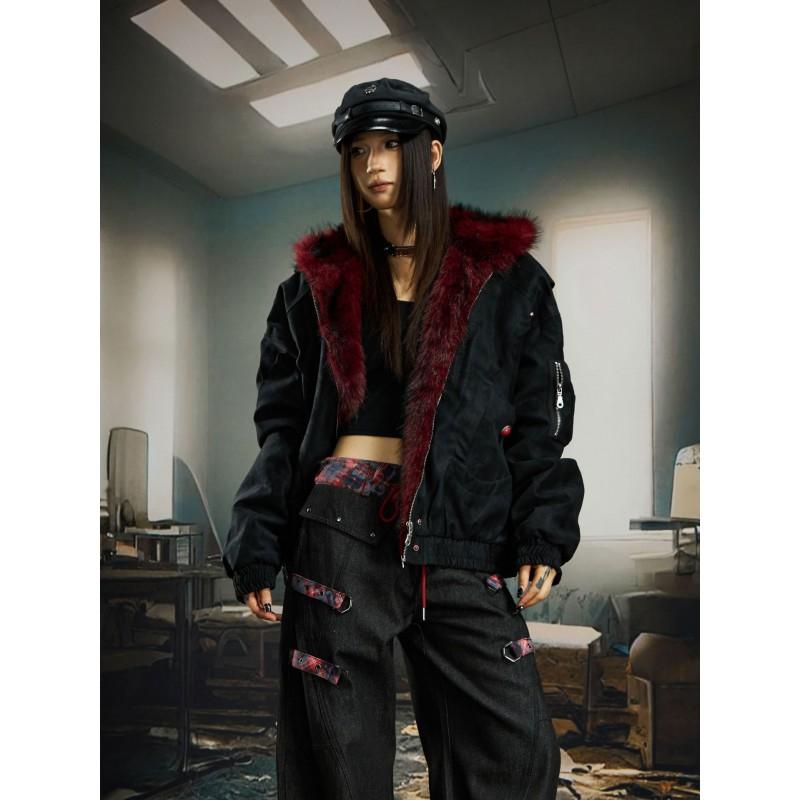 Mens Thick Warm PU Leather Puffer Jacket With Red Faux Fur Collar Hooded Streetwear Winter Coat