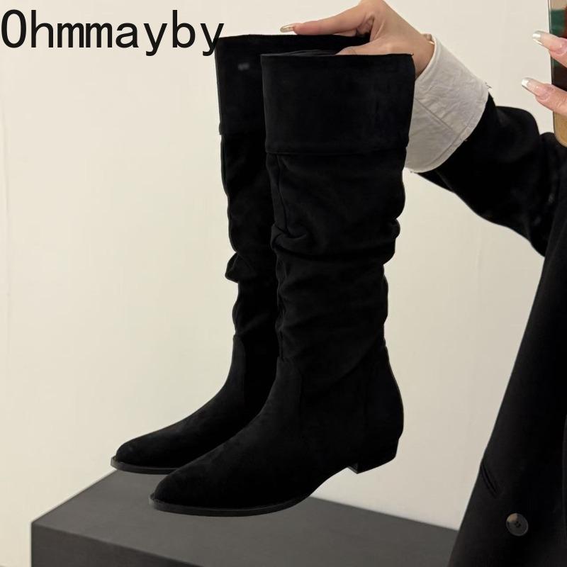 Vintage Pleated Women Western Cowboy Boots Fashion Low Heels Pointed Toe Shoes Autumn Winter Slim Long Botas Para Mujer