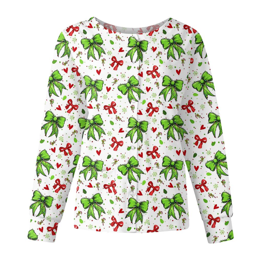 Women's Casual Fashion Long Sleeve Standing Collar Single Breasted Christmas Print Workwear Jacket Tops