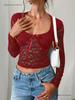 Spring/Summer European-American Sexy Slim Fit Hollow Out Long Sleeve Lace Top