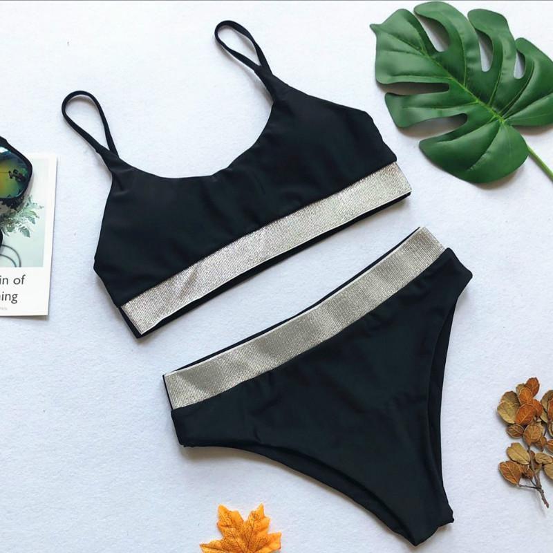 Sexy Twopiece High Waist Bikini Swimsuit Lady Beach Color Sequins Solid