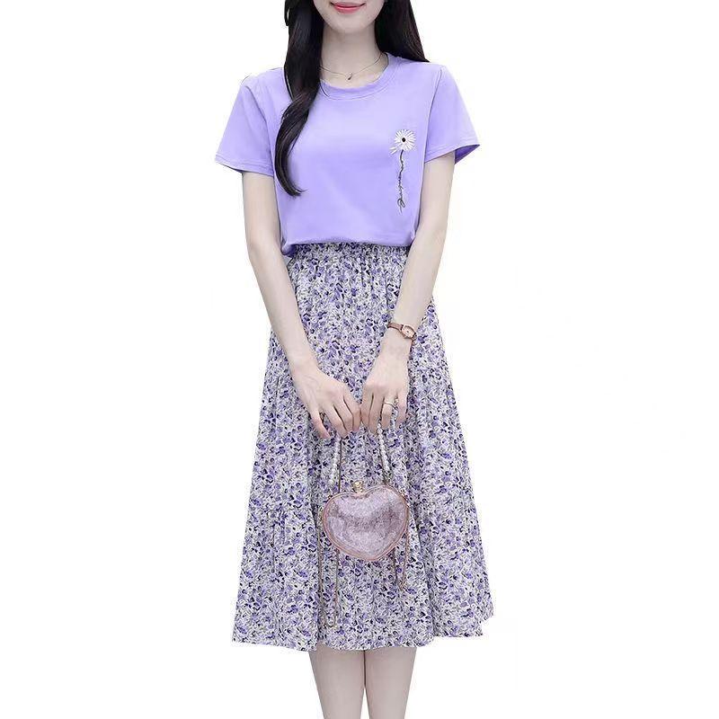 WTEMPO Dámská fialová květinová poloviční sukně šifonová sukně střední délky volný elastický pas