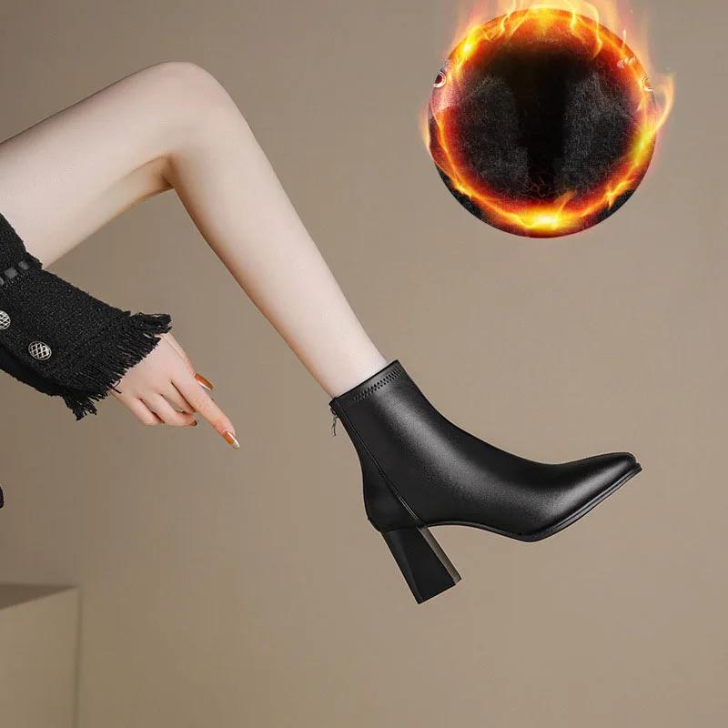 Fashion 2025 Autumn Winter Women Soft Leather Plus Velvet Heel Ankle Boots Fashion Square Toe Zipper Ladies Short Boots Botas De Mujer