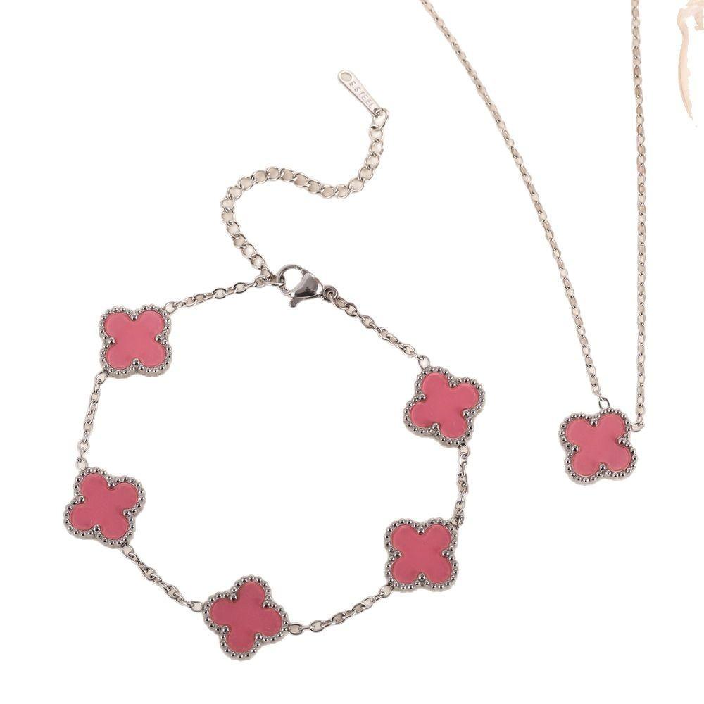 3PCS Titanium Steel Non Fading Double-sided Clover Set Necklace Bracelet Earrings