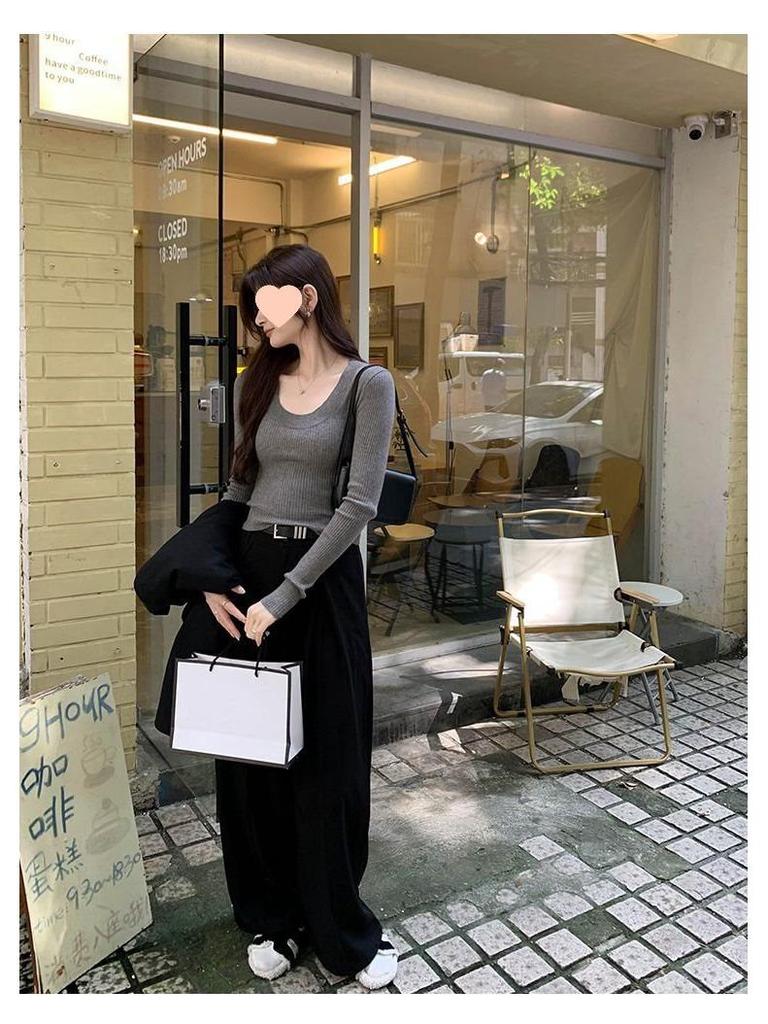 Korean Style U-Neck Ribbed Innerwear Slim-Fit Long/Short Sleeve Women's T-Shirt for Spring/Summer