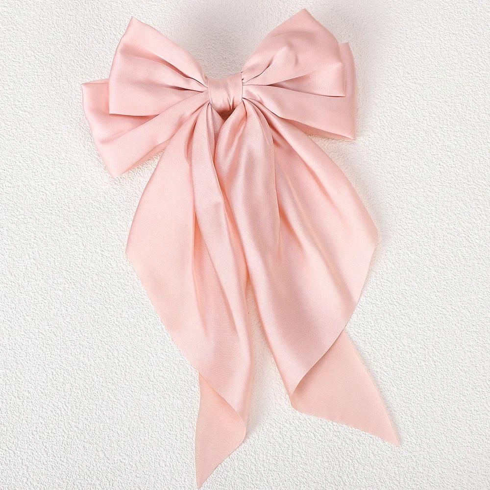 3Styles Girls Long Big Bow Float Satin Clips Back Head Hair Clip Wine Red with The Same Temperament Elegant Hair Accessories