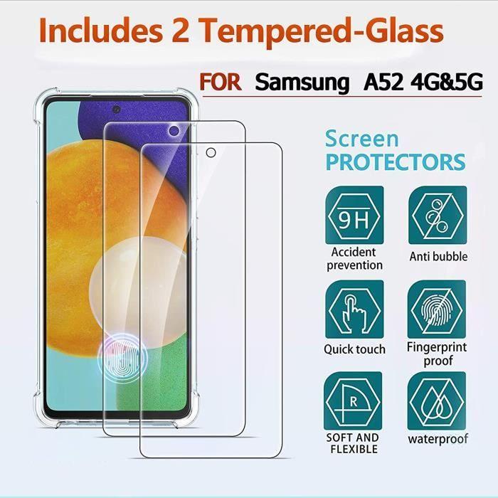 Coque pour Samsung Galaxy A52 4G&amp;5G + 2 Pièces Verre Trempé Protection écran [Housse Transparent Silicone] [10X Anti-Jaunissement] [