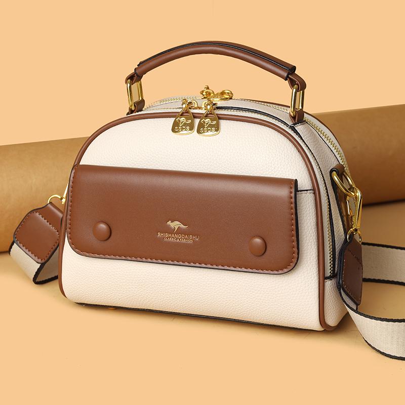 Women's PU leather top handle crossbody bag with multiple pockets, stylish contrasting color matching, and simple shoulder bag