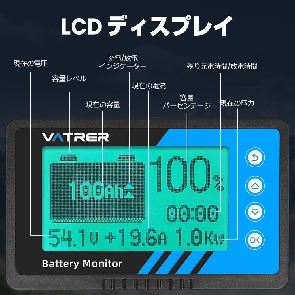 VATRER POWER Meter Monitor with 500A Shunt and LCD Low Power Alarm 8-120V Voltage/Current
