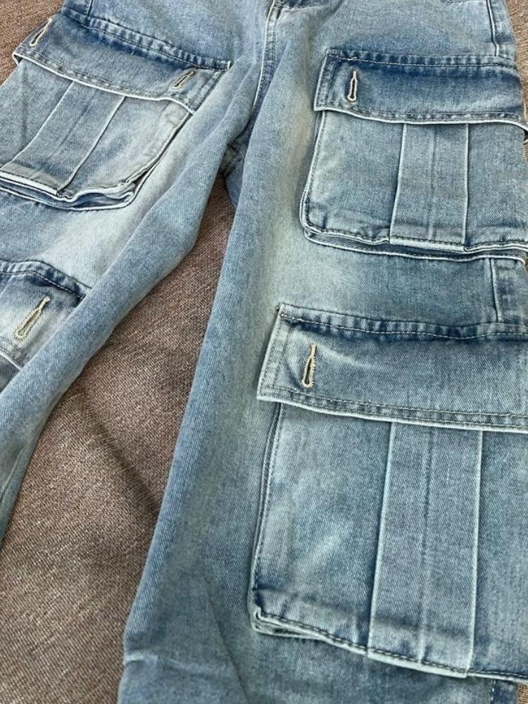 American Retro Multi-pocket Jeans Women Plus Size Street Vibe High Waist Wide Leg Casual Straight Pants Tide