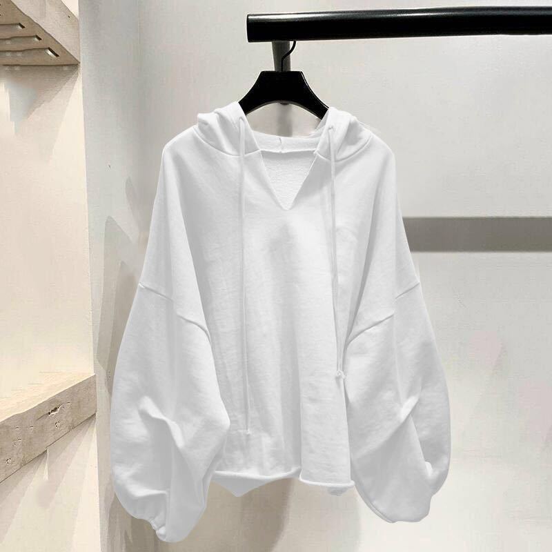 Women's Fashion Casual Solid Color V-Neck Hooded  Loose Long Sleeve Sweatshirt