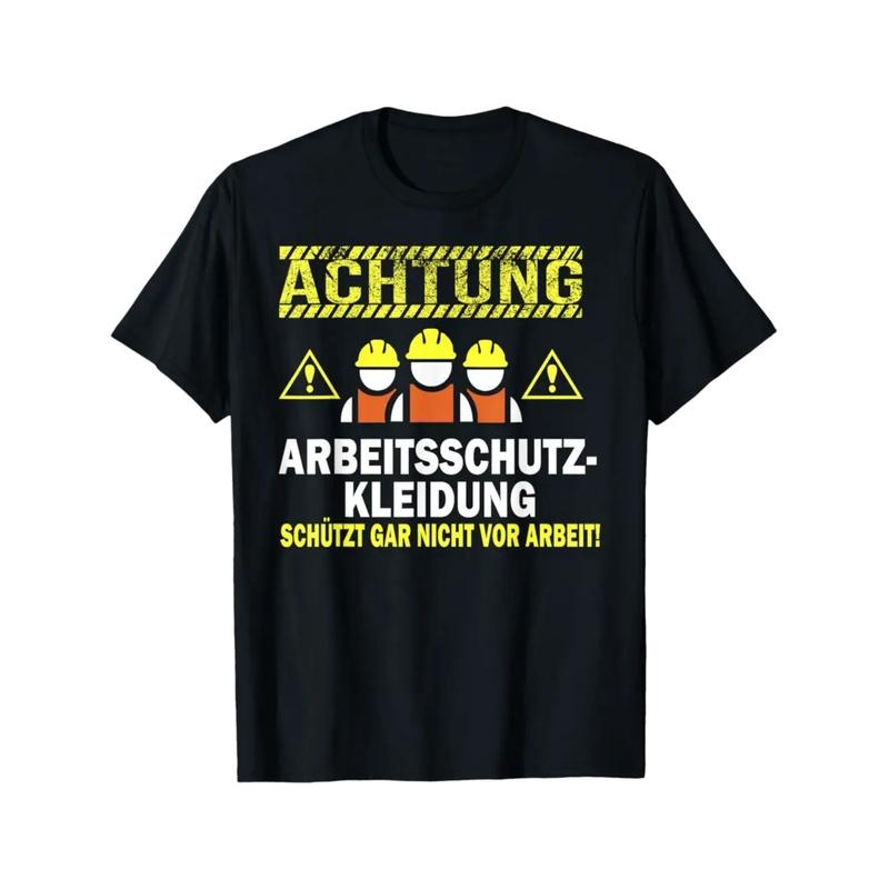 unisex Funny German Workplace Humor T-Shirt - Construction Worker Graphic with Warning Label Design & OSHA Parody Text - with Yellow/ German Text -